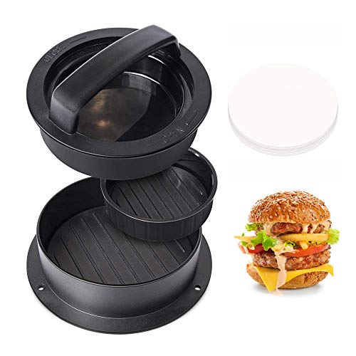 Viilich Prensa 3-en-1 para Hacer Hamburguesas Rellenas con 100 Papeles Encerados,Molde para Hamburguesas para Deslizadores antiadherentes para Barbacoa Prensa Burger Press