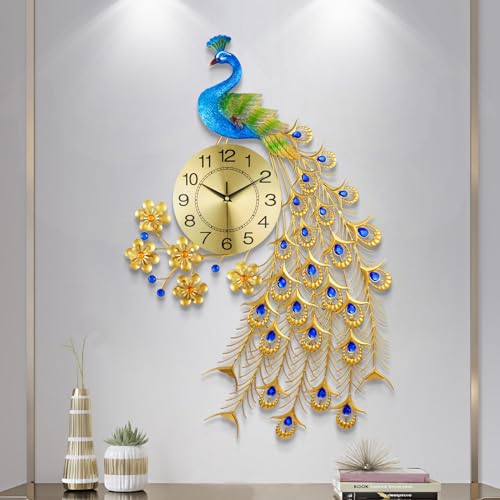 Image of Large Peacock Wall Clock 31.5 inch Metal Design Non-Ticking Silent Art Digital Wall Clocks for Living Room Decor Gold