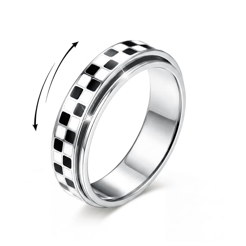 Anti Stress Ring Fidget Ring für Damen Herren Hypoallergen Schachbrettmuster Edelstahl Anxiety Ringe 360 Spinner Anti Angst Ringe zur Stresslinderung Wasserdichter Stressabbau ModeschmuckS-8