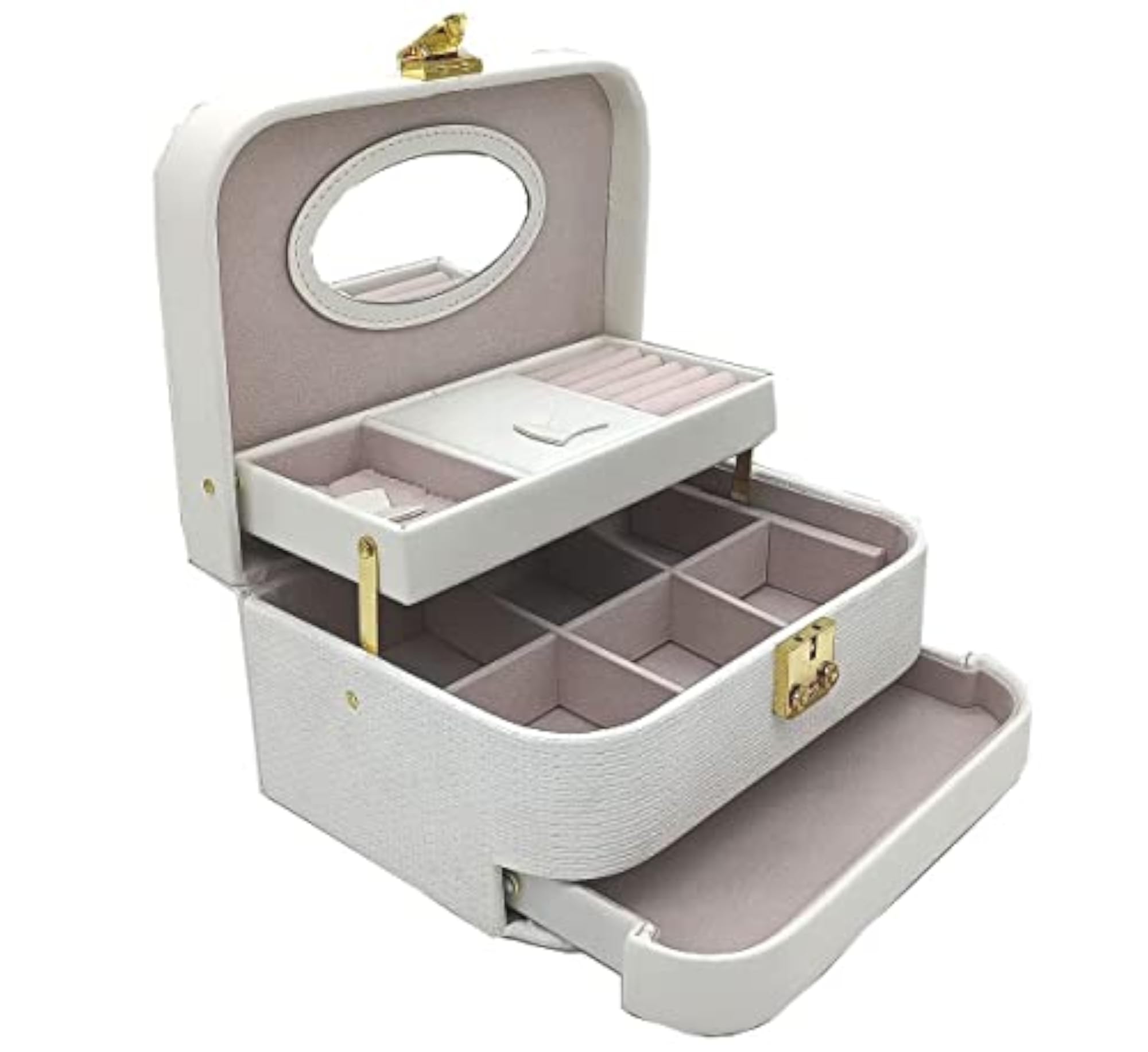Women's 3-Layer Travel Organizer with Mirror for Jewelry & Cosmetics