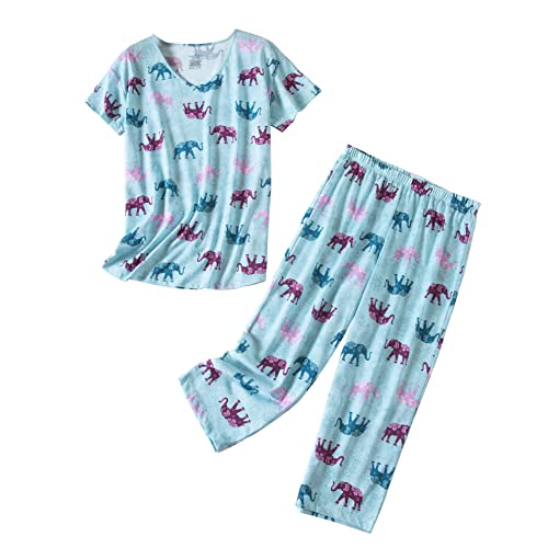 Image of PNAEONG Women Pajama Set Sleepwear Tops with Capri Pants Casual and Fun Prints Pajama Sets