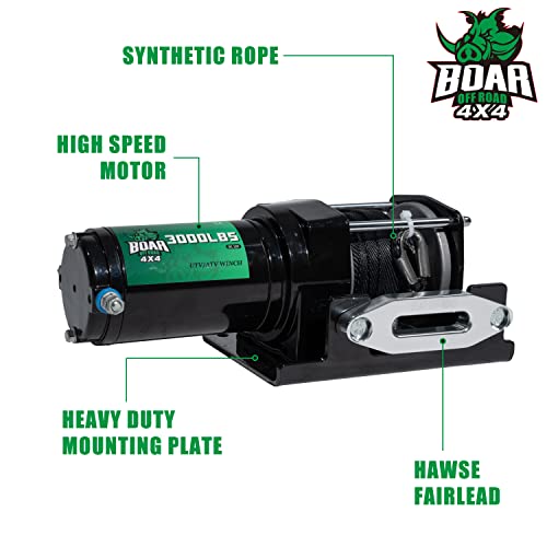 Off Road Boar 3000-Lb. Load Capacity Electric Winch Kit, 12V Synthetic Rope Winch With Hawse Fairlead, Towing Atv Winches With Both Wireless Handheld Remote And Corded Control #TOP1