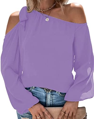 Bengbobar Off Shoulder Tops for Women Long Sleeve Blouses Bow Knot Puff Sleeve Casual Loose Shirts Small Purple