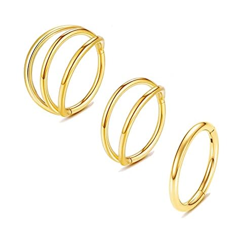 MeiziQL 3PCS 16G 18G Nose Ring Hoops Surgical Steel Triple/Double Hoop Clicker Septum Daith Conch Rook Helix Tragus Piercing Jewelry for Women Men 8mm 10mm(16G 8mm Gold) Cover