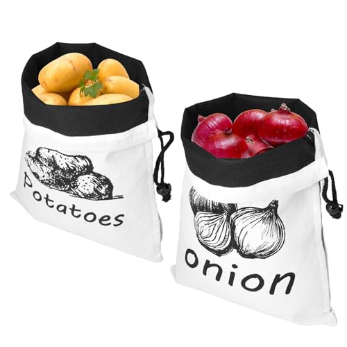 2Pcs Produce Storage Bag Reusable Cotton Linen Drawstring Bag Washable Potato and Onion Storage Bags with Side Zipper Hessian Vegetable Storage Bags (A)