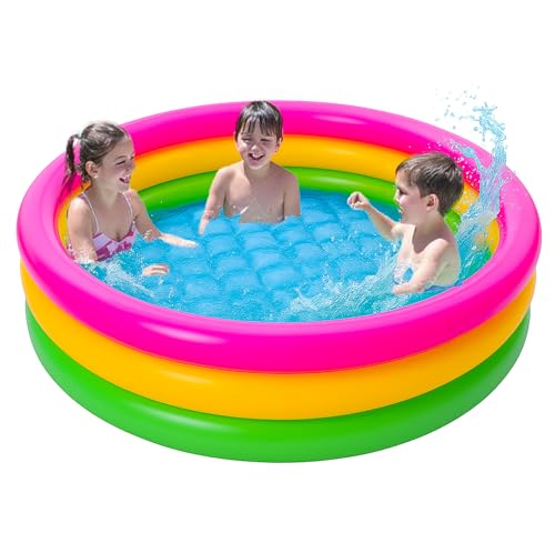 Akitaink Piscina per bambini Baby 3 Anelli 102x25 cm | Rosa Giallo Verde, Fondo Morbido, PVC Sicuro, Per Bambini 1-3 Anni