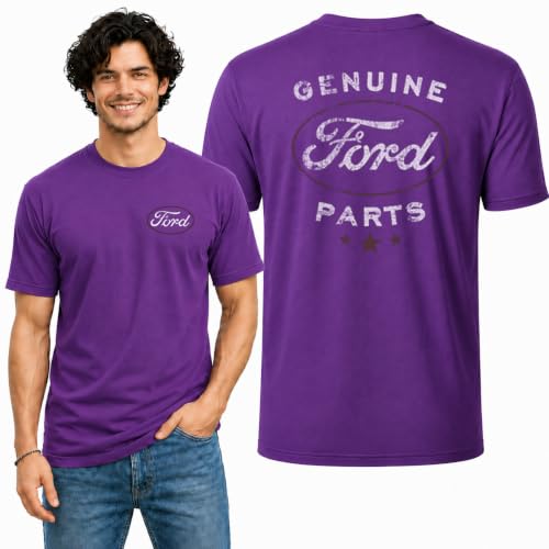 Wild Bobby Genuine Ford Parts Vintage Distressed Cars and Trucks Mens Graphic Tees Front and Back T Shirt Printed Graphic Tees for Men, Purple, XX-Large