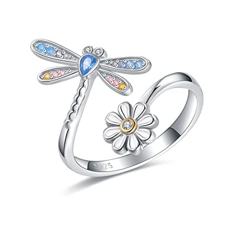 925-Sterling-Silver Dragonfly Daisy Rings for Women - Adjustable Wrap Flower Ring with Cubic Zirconia Cute Animal Insect Jewelry Brithday Valentine Gifts for Teen Girls Girlfriend Size 5-9 Cover