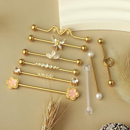 TIANCI FBYJS 14g Industrial Barbell Surgical Steel Cartilage Earrings CZ Industrial Earring Crystal Ferido Industrail Piercing 1 1/2"(38mm) Bar Length4