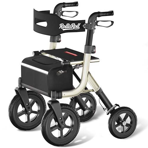 Walkers for Seniors Rollator Walker with Seat 12 Big Rubber Wheels All Terrain Rolling Walker with Backrest Foldable Rollator Walker Reinforced Aluminum Frame Built-in Cable Golden