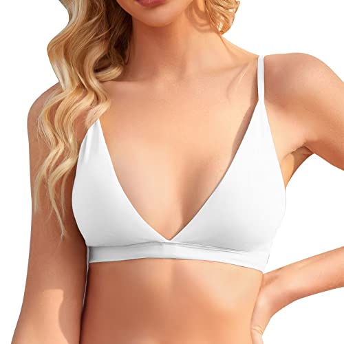 Image of INIBUD Bralette for Women Removable Padded Bra Yoga Seamless V Neck Triangle Adjustable Straps Wireless White L