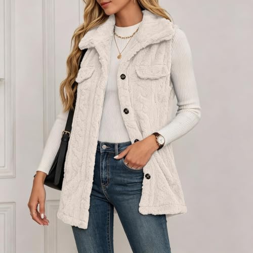 Womens Long Vest Jackets Fleece Fuzzy Sleeveless Button Down with Pockets - image 3