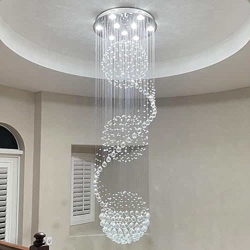 Image of 79-Inch Chandelier for High Ceilings, Modern Spinal Sphere Raindrop Crystal Ceiling Light for Stairs, Entryways, Foyers, Living Rooms, Crystal Strings Pre-assembled for Easier Installation