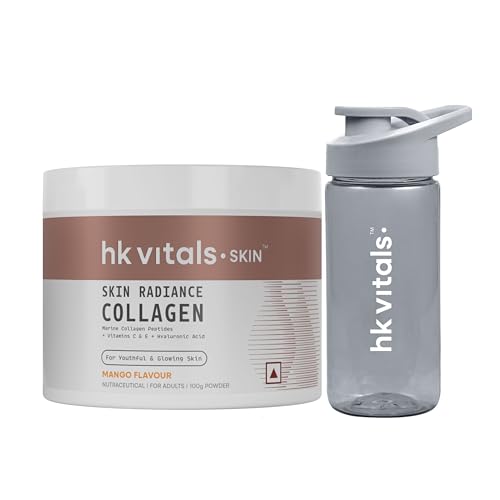 Image of hk vitals Skin Radiance Marine Collagen Supplement (Mango, 100g) & Sipper Bottle (Grey, 300ml) Combo Pack | With Vitamin C & E, For Healthy Skin, Hair & Nails