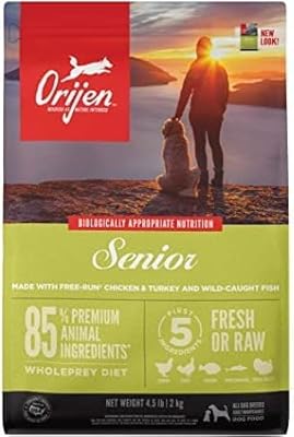 ORIJEN Senior Dry Dog Food 4.5 lb. Bag with Fresh Free-Run Chicken and Turkey, Wild-Caught Fish and NEST-Laid Eggs