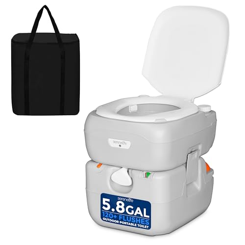 SereneLife 5.8 Gal Portable Camping Toilet For Adults, 120+ Flushes Porta Potty Camp Toilet with Detachable Waste Tank, Level Indicator, Carry Bag, Suitable for Camping, Hiking, and Boating