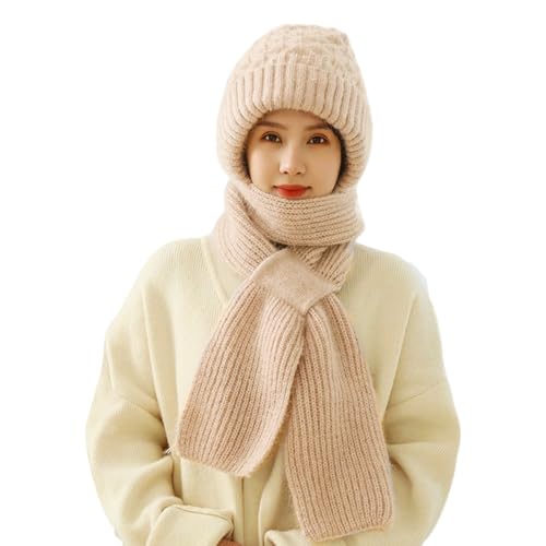 Integrated Ear Protection Windproof Cap Scarf, Elastic Warm Ear Protection Knitted Hat Scarf, Winter Warm Windproof Hat for Women (Beige)