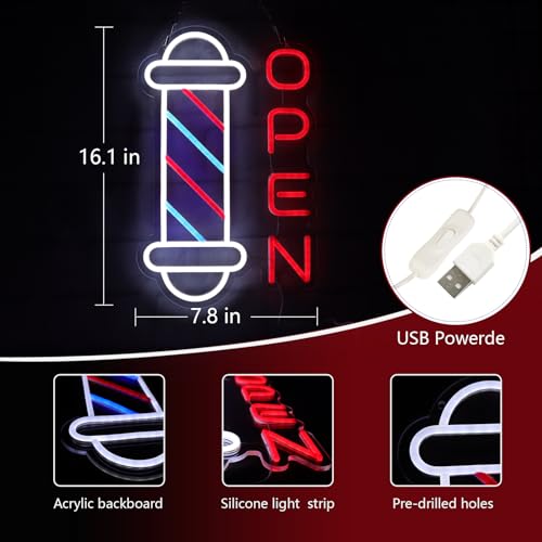 Image of Barber Shop Neon Signs for Wall Decor Open Neon Lights for Bedroom Led Signs Suitable for Barber Shops Hair Salon Art Unique Gift for Hairdresser 10.2 * 16.1 Inch(Red + Blue + White)
