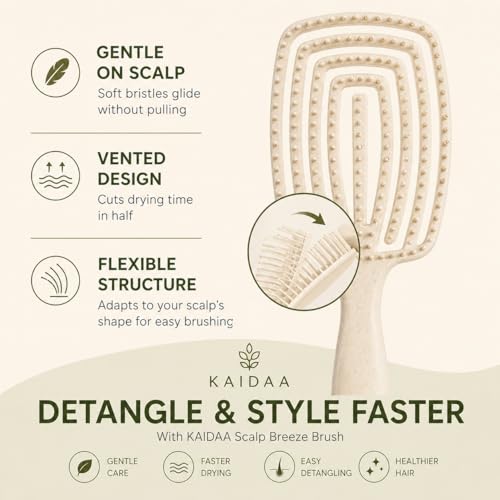 Image of KAIDAA Scalp Breeze Brush | Flexible Vented Detangling Hair Brush for Wet and Dry Hair | Gentle Scalp Massage | Plastic-Reduced Design with 10% Wheat Straw (Beige)