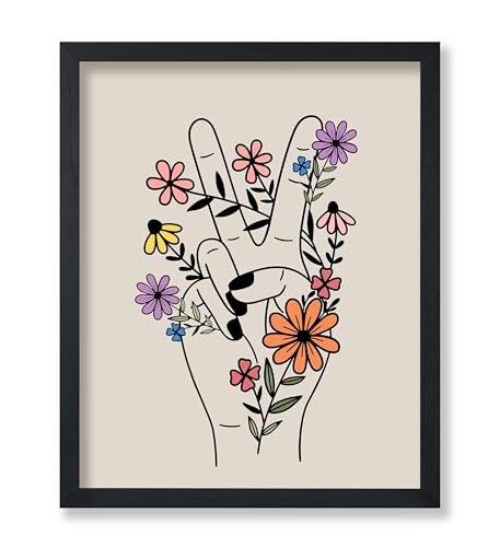 Poster Master Peace Hand Print - Retro Flower Poster - Hippie Peace & Love Art - Preppy Floral Wall Design - Chic Boho Art - Trendy Office or Living Room Wall Decor - 8x10 UNFRAMED Wall Art