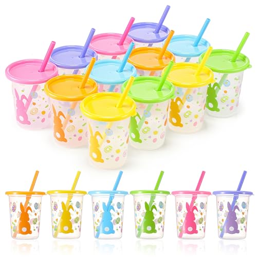 Nuanchu Cute Easter Plastic Cups with Lids and Straws Color Cups Reusable Tumbler with Lid and Straw for Coffee Cold Drinking Travel Parties(Innovative Color 12 Pcs)