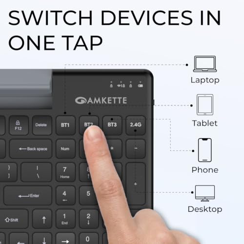 Image of Amkette Optimus 2 Multi-Device Wireless Keyboard /Bluetooth Keyboard, Connect 4 Devices, Professional Grade-Low-Profile Keys, Rechargeable USB-C, Built-in Device Dock, Windows /macOS /Android /iOS