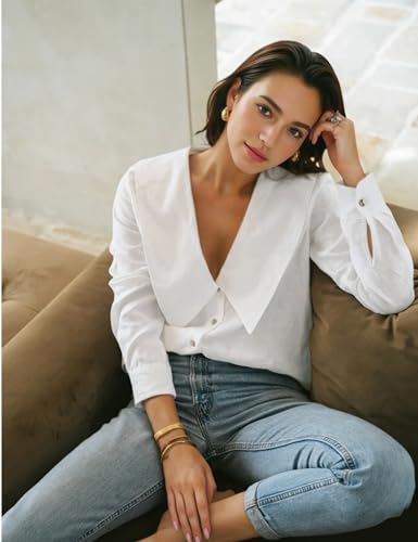 Daacee Women’s Big Collar Cotton Linen Blouses Dressy Casual Long Sleeve V Neck Button Down Shirts Ladies Tops2