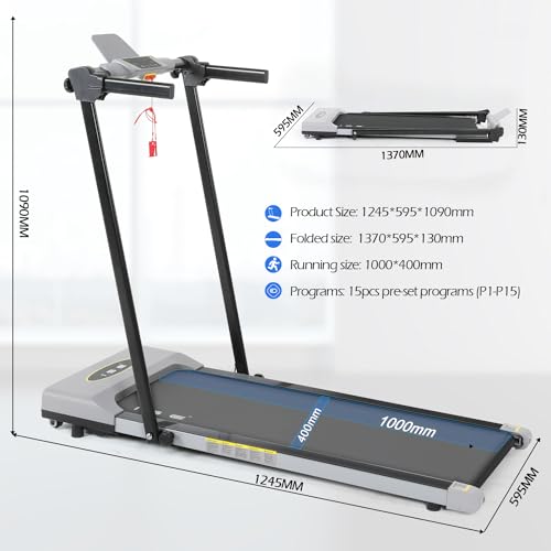 ISE SY-T2715 Elektrische loopband, inklapbaar, voor thuis/kantoor, 1-12 km/u, stille motor met 0,65 pk, 15 trainingsprogramma's, led-display, sportloopband voor woningen - Afbeelding 3