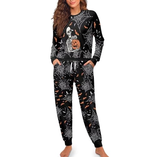 Women Halloween Pajamas Set Round Neck Pj 2 Piece Lounge Sets Pajama with Pockets Long Sleeve Outfits Soft Sleepwear2
