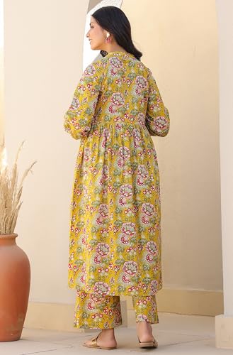 Image of Janasya Women's Pure Cotton Floral Printed A-line Maternity Kurta Pant Set