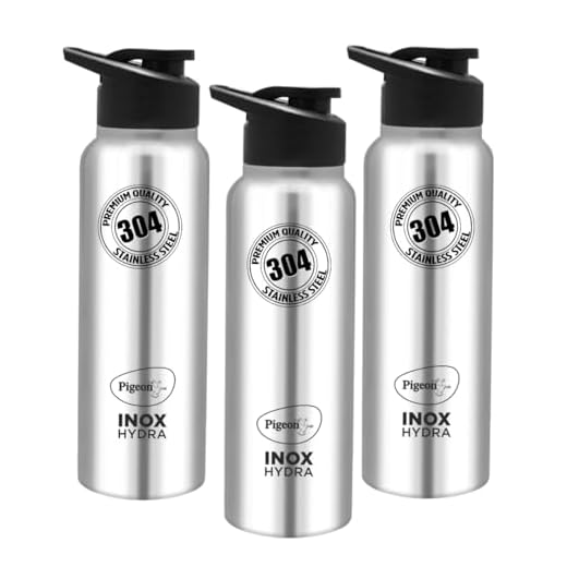 Pigeon by Stovekraft Inox hydra 700ml pack of 3 Stainless Steel Drinking Water Bottle 700ml Flipper Cap- Silver (1 year Warranty)
