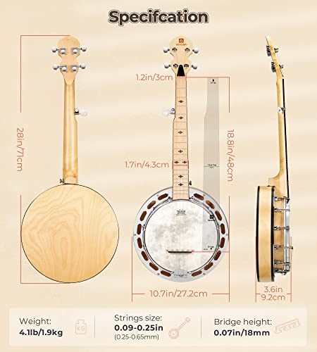 Image of Vangoa Mini 5 String Banjo 28 Inch - Travel Maple Small Beginner Kit With Tone Ring, Fiberskyn Remo Head for Kids Teens Adults