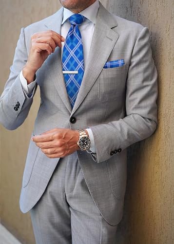 Image of Enlision Ties for Men Plaid Stripe Tie Handkerchief Woven Classic Formal Necktie Pocket Square Clip Set