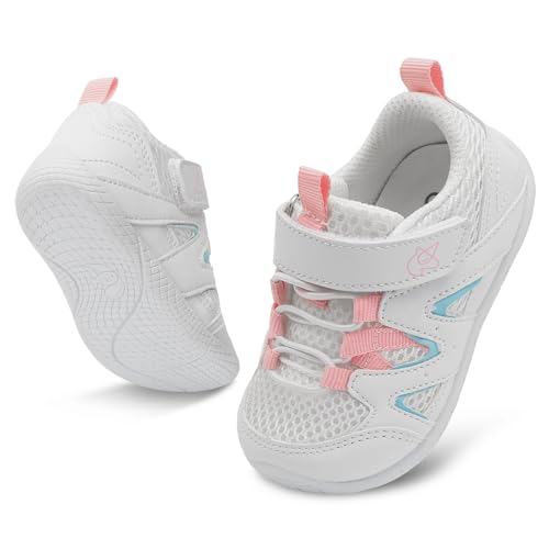 LeIsfIt Baby Shoes Boys Girls First Walking Shoes Non-Slip Toddler Breathable Sneakers Infant Sneakers White Color 12-18 Months