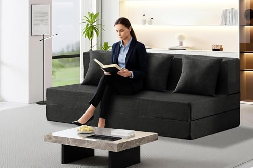 Image of Los Angeles Foldable Three Seater Sofa Cum Bed, Sofa Bed 5 X 6 Feet, Jute Fabric Washable Cover- Including 3 Cushion Perfect for Home & Office, Guest Room -Black Color