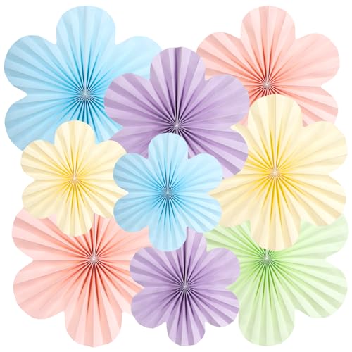 SUNBEAUTY 9 abanicos de papel para decoración, guirnalda azul, rosa, lila, flores, abanicos de papel, verde claro, amarillo claro, juego de decoración para bodas, cumpleaños, decoración de mesa, sala
