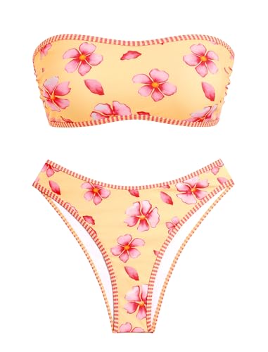 Image of ZAFUL Women's High Cut Bandeau Bikini Set Strapless Solid Color 2 Pieces Bathing Suit Swimsuit