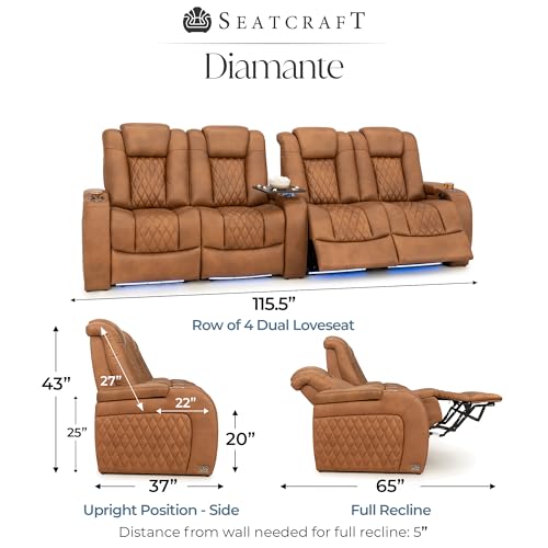 Image of Seatcraft Diamante Tawny Italian Leather Home Theater Seating, Zero Gravity Power Recliner Gaming and Home Office Chair, Powered Headrest Lounge Sofa Furniture for Cinema Room, Row of 4 Dual Loveseats