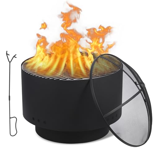 Garvee 26 Inch Smokeless Fire Pit, Fire Pits for Outside Wood Burning with Fire Poker, Mesh Lid, Cooking Grate, Cover, Portable Patio Bonfire Pit for Outside BBQ, Yard, Garden, Camping