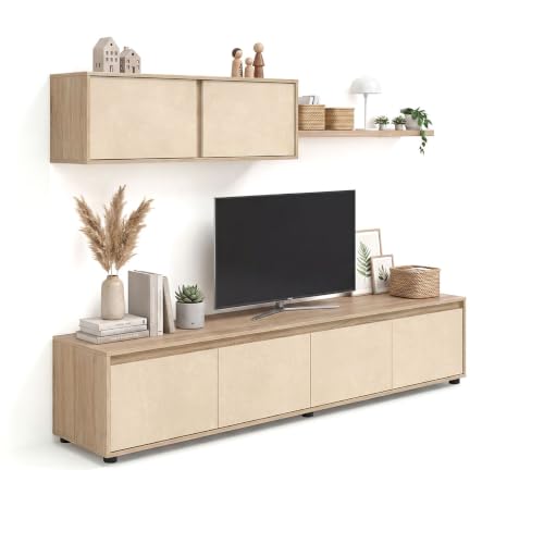 duehome | Conjunto Reversible de Salon, Mueble de TV, Modulos de Comedor, Modelo Arlet, Acabado en Roble Canadian y Microcemento Beige, Medidas: 200 cm (Largo) x 41 cm (Fondo) 43 cm (Alto)