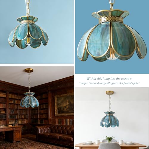 Image of Brass Glass Ceiling Pendant Light, Hanging Chain lamp, with Vintage Lotus Flower Blue Green Glass Shade for Kitchen Island Dining Room Bedroom Living Room-7.9 inch Shade