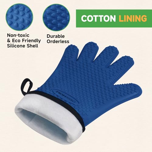 Image of GEEKHOM BBQ Gloves Heat Resistant Oven Mitts - Silicone Grilling Gloves with 13.7 inch Arm Protection - Waterproof Pot Holder Non-Slip for Men & Women, Kitchen Outdoor Cooking, Baking, Camping, Royal Blue
