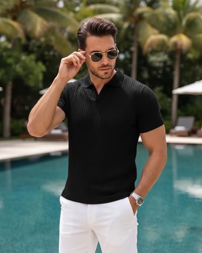 Collared Muscle Shirts for Men Ribbed Knit Slim Fit Polo Shirts Short Sleeve, Mens V Neck T Shirts Casual Stylish Black