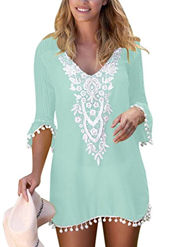 Fiyote – Saída de praia feminina de crochê com borla e acabamento de pompom, Verde, XX-Large