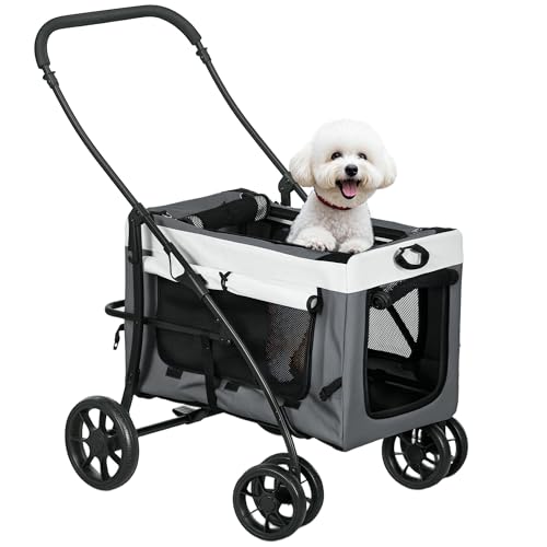 PawHut Carrito para Perros 2 en 1 Cochecito para Perros Pequeños Plegable Cochecito para Mascotas con Vagón Desmontable 4 Puertas con Cremallera 2 Correas de Seguridad y Cojín Gris