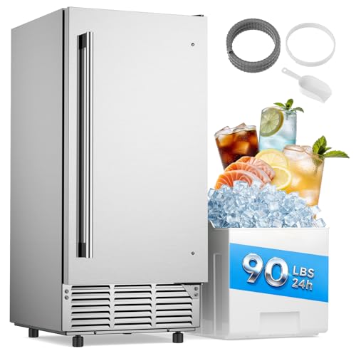 Mojgar Under Counter Ice Maker Machine - 90Lbs/24H, 35Lbs Storage Bin, Freestanding & Bulit-in Commercial Ice Maker | Self-Cleaning | Reversible Door | Commercial Ice Machine | Full Stainless Steel
