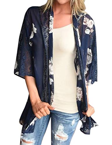 Image of Chunoy Women Short Sleeve Kimono Cardigan Open Front Back Hollow Out Cover Up Blouse Top Blue Medium