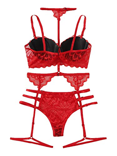 Wdirara Women's Scallop Trim Floral Lace Garter Cutout Lingerie Set With Choker Red S #TOP1