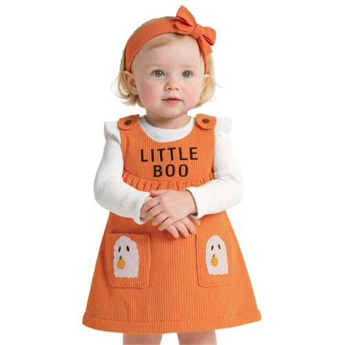 Baby Girl Halloween Outfits Ruffle Long Sleeve Ribbed Romper Overall Dress Headband 3Pcs Cute Fall Clothes