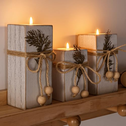 MelonBoat Rustic Flameless LED Candles 3-Pack, Battery Operated Candles with Wooden Candle Holders, White Rustic Farmhouse Decor, Farmhouse Candle Holder for Valentines Holiday Party Home Decor - Image 6